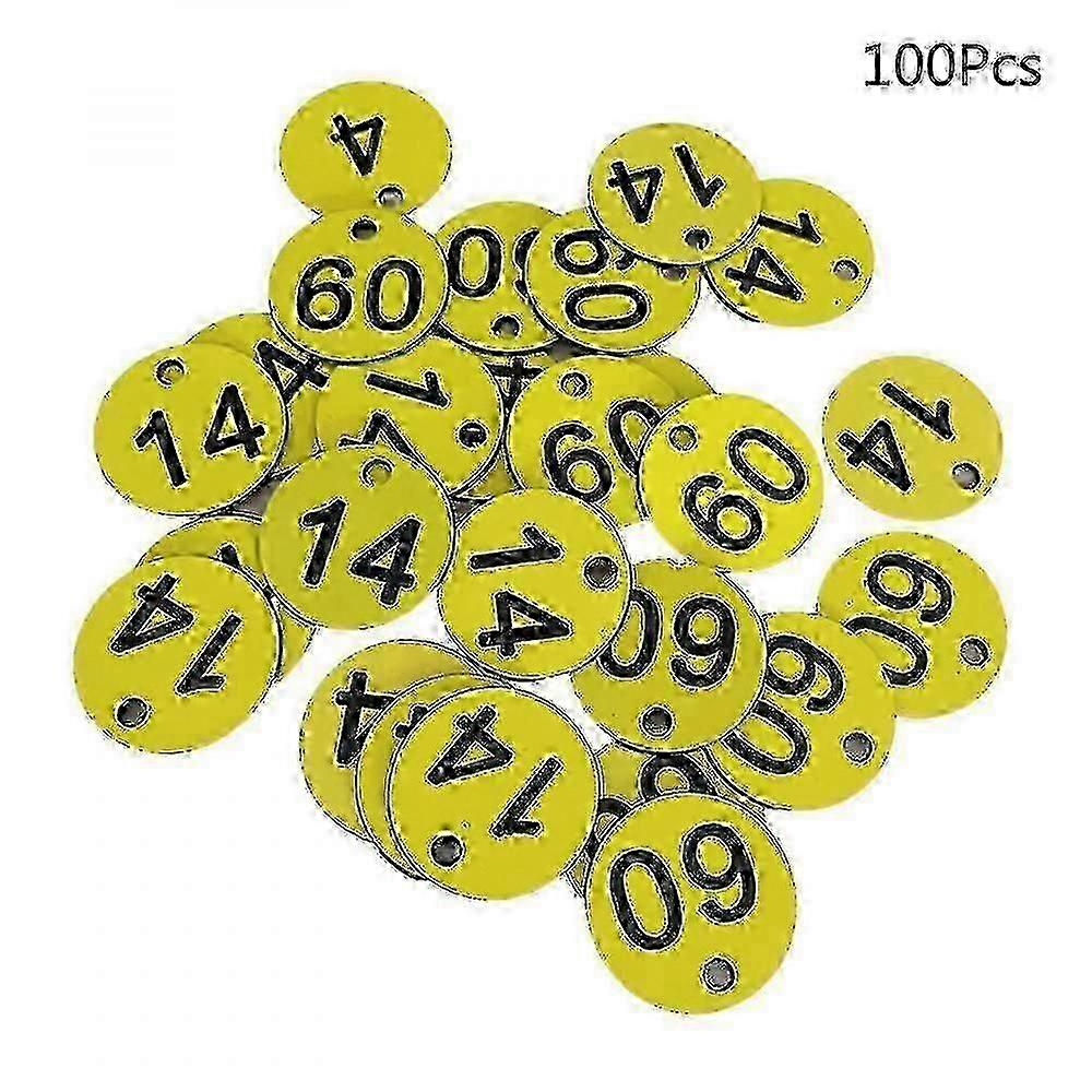 100個のプラスチックID番号タグ1-100刻印された色付きキーホルダータグ(黄色)