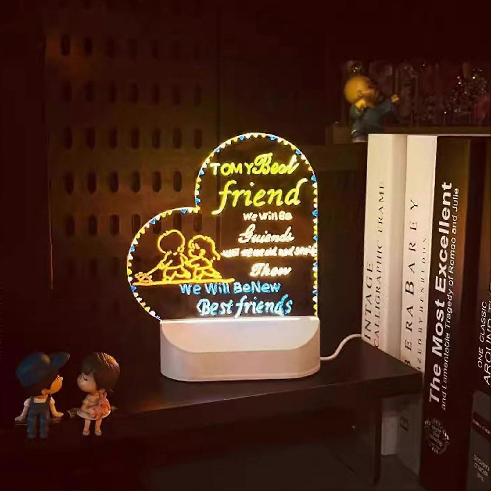 Doodle Light LED Board, Transparent Acrylic Memo Board, Wipe Clean, Magic LED Drawing Board, Includes 7 Light Pens (Heart Shape)