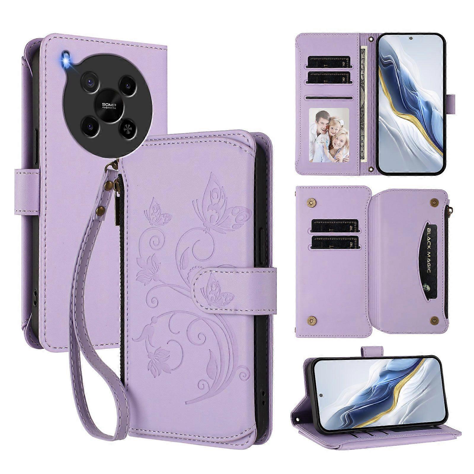 Wallet Flip Phone Cover for ZTE Blade V70 Max Embroidered Butterfly 5 Card Holder Rope Zippered Bag Comptible with ZTE Blade V70 Max
