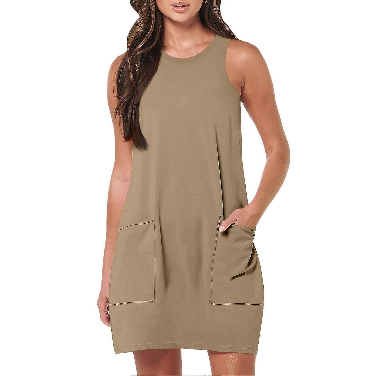 Women’s Polyester Casual Mini Tank Dress with Pockets, Sleeveless Beach Vacation Sundress, Solid Khaki, Size XXL