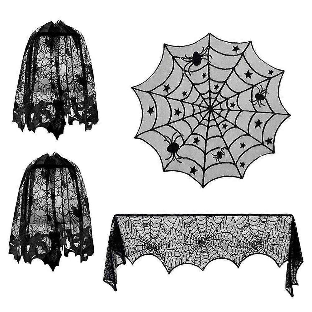 4 Pcs Halloween Spider Web Lace Fireplace Cloth Tablecloth Lampshade Set (Black)