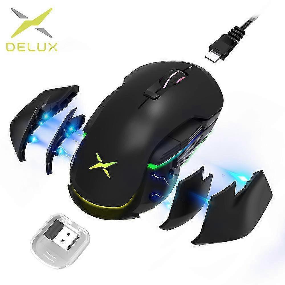 2025 Delux M627 PMW3389 Sensor Wired + Wireless RGB Gaming Mouse 16000 DPI 8 Buttons Left and Right hand Mice With DIY Side Wings