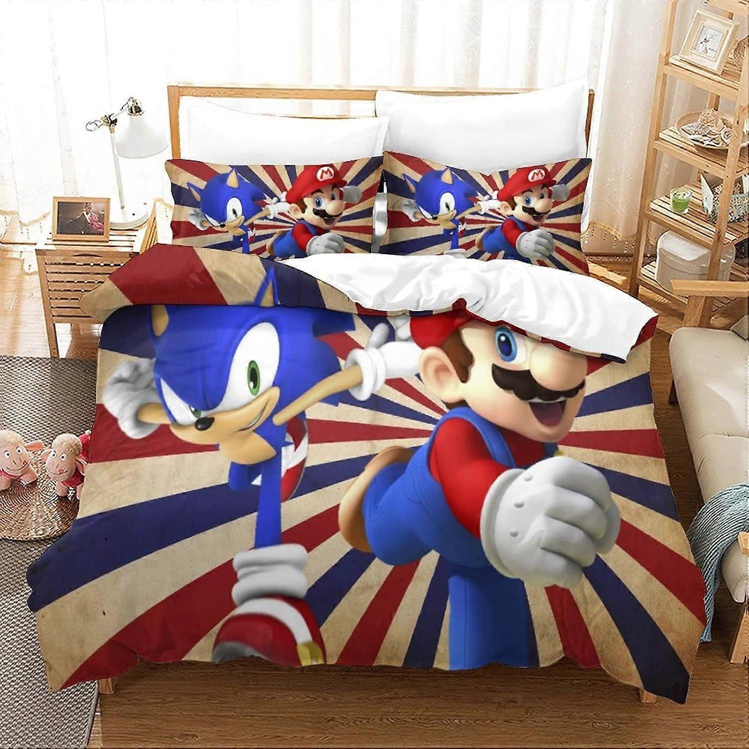 Bedding Double Bed Set Sonic Vs Mario Printed Double Size Bedding Sets Super Soft Microfiber Duvet Covers with Zipper with Pillowcases Hypoallergenic
