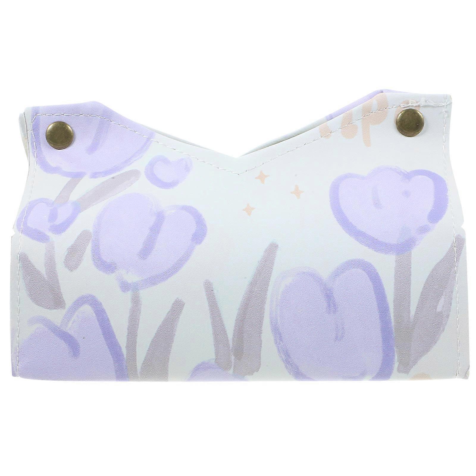 PU Tissue Box Cover Violet for Storage Rectangle Tulip Pattern