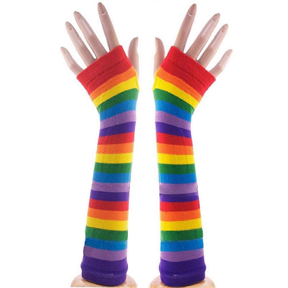 Long Gloves Fingerless Rainbow Stripes for Winter Warmer