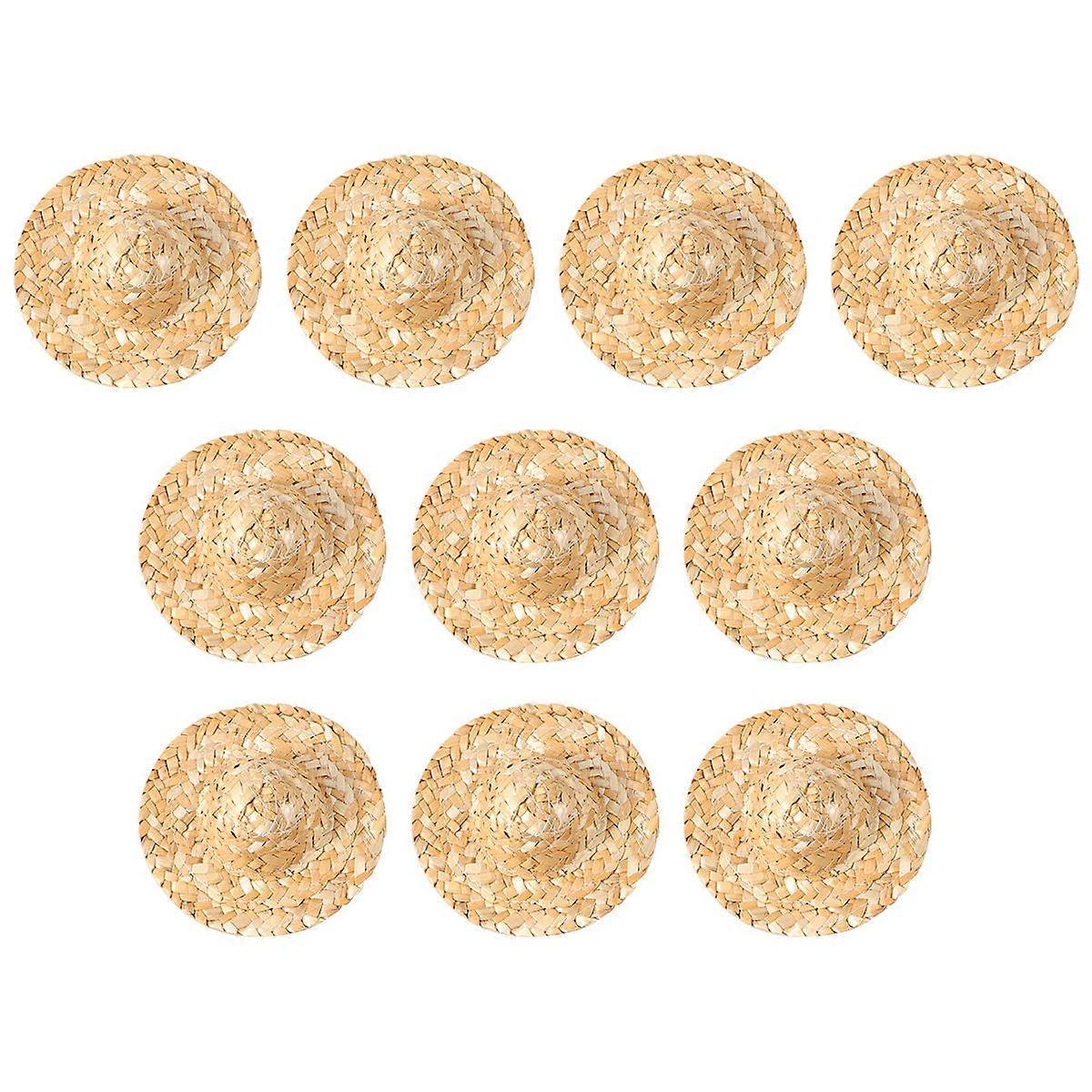 Woven Straw Hats for Decoration 10Pcs Small Handmade Doll Caps Khaki