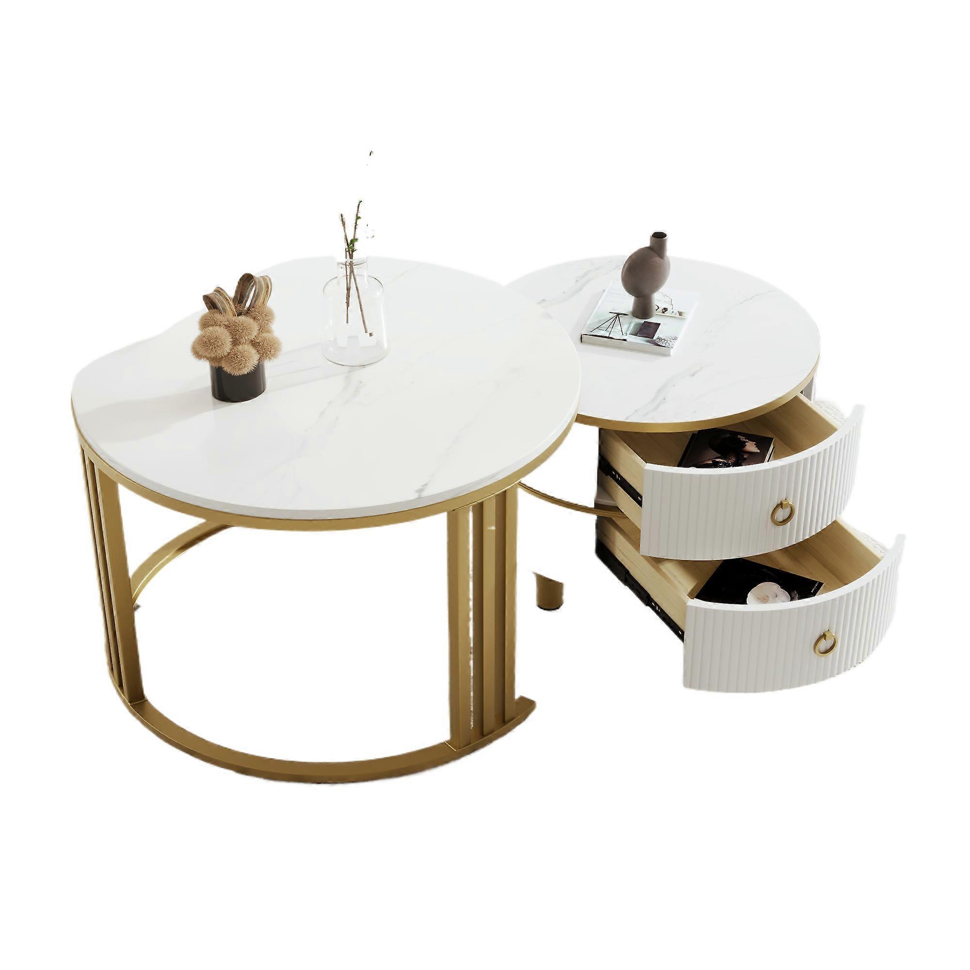 Coffee Table White Marble Effect Glossy MDF 2 Drawers Accent Design
