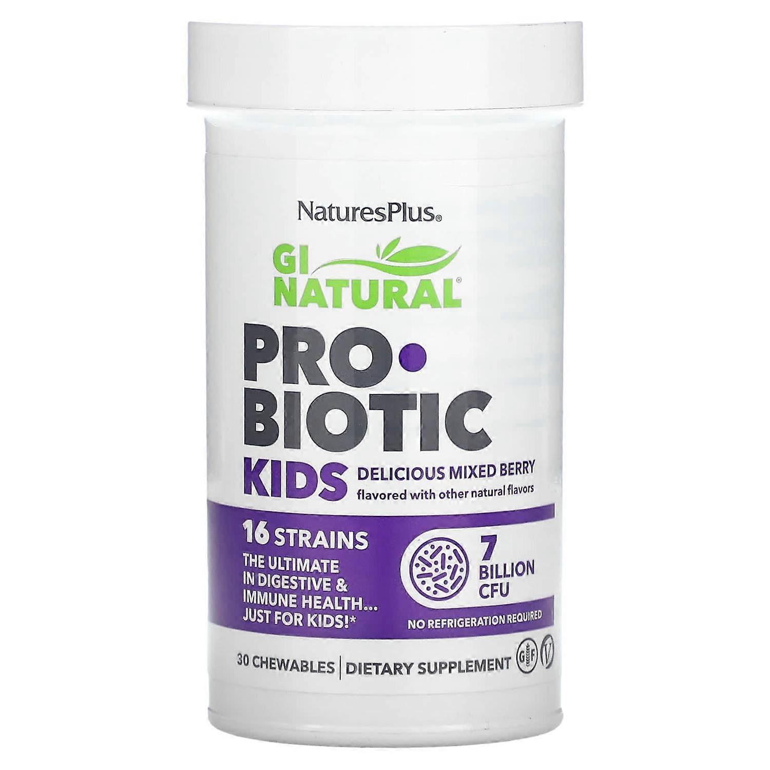 NaturesPlus, GI Natural Probiotic Kids, Delicious Mixed Berry , 7 Billion CFU, 30 Chewables