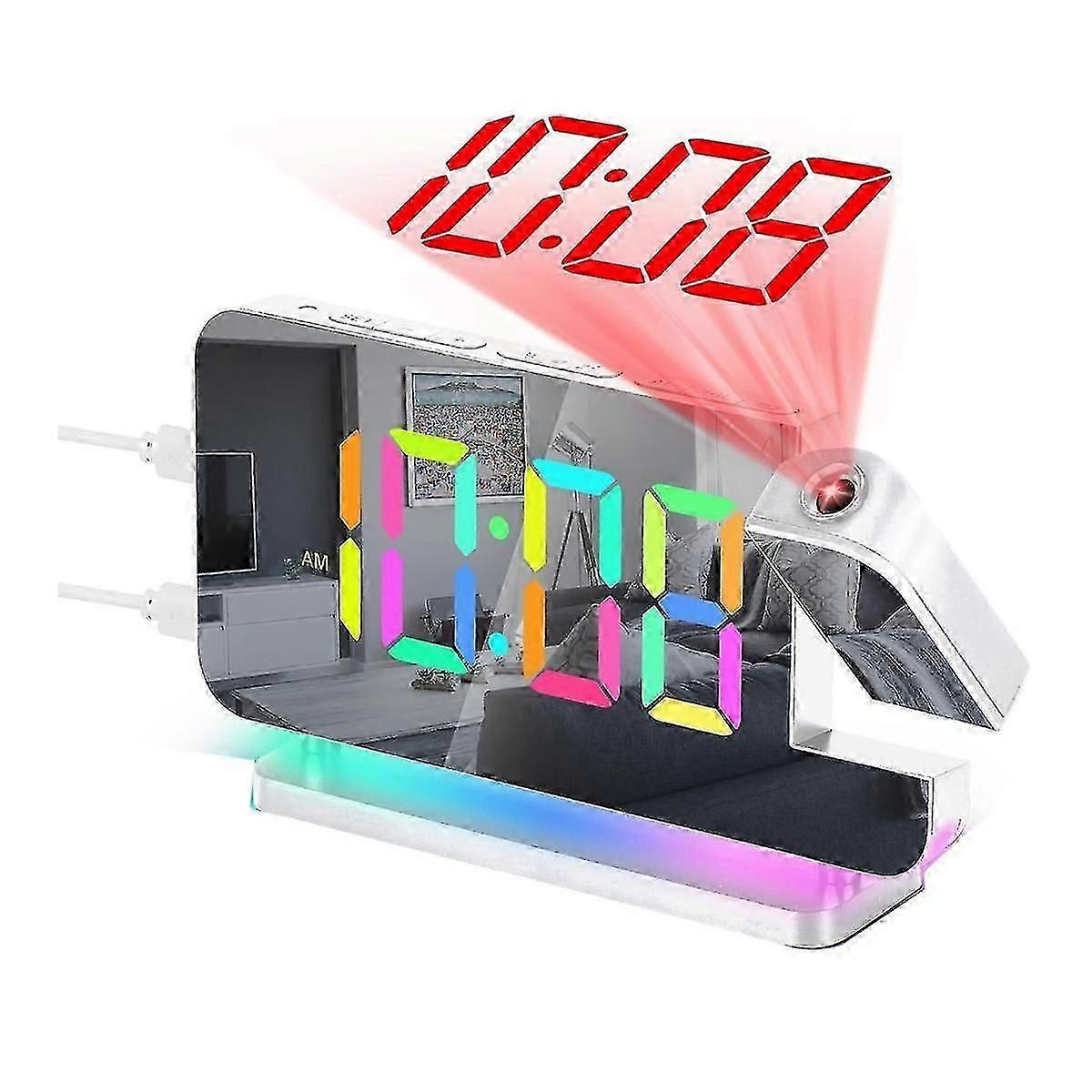 Projection Alarm Clock,7.4inch Led Mirror Digital Clocks Display,+180rotatable Projector,night Lig