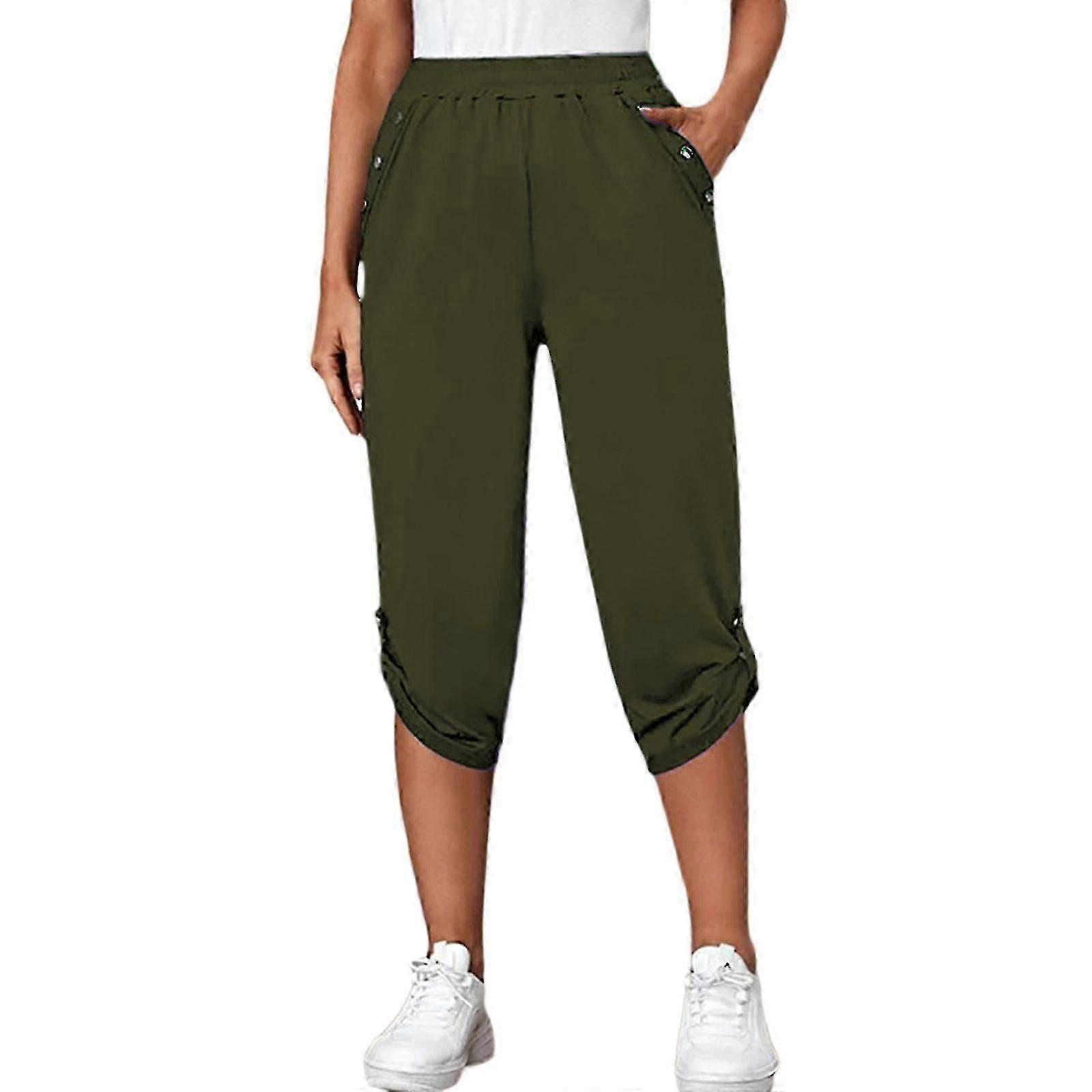 Women's Solid Capris Stretch Waist Casual Cropped Pants with Pockets