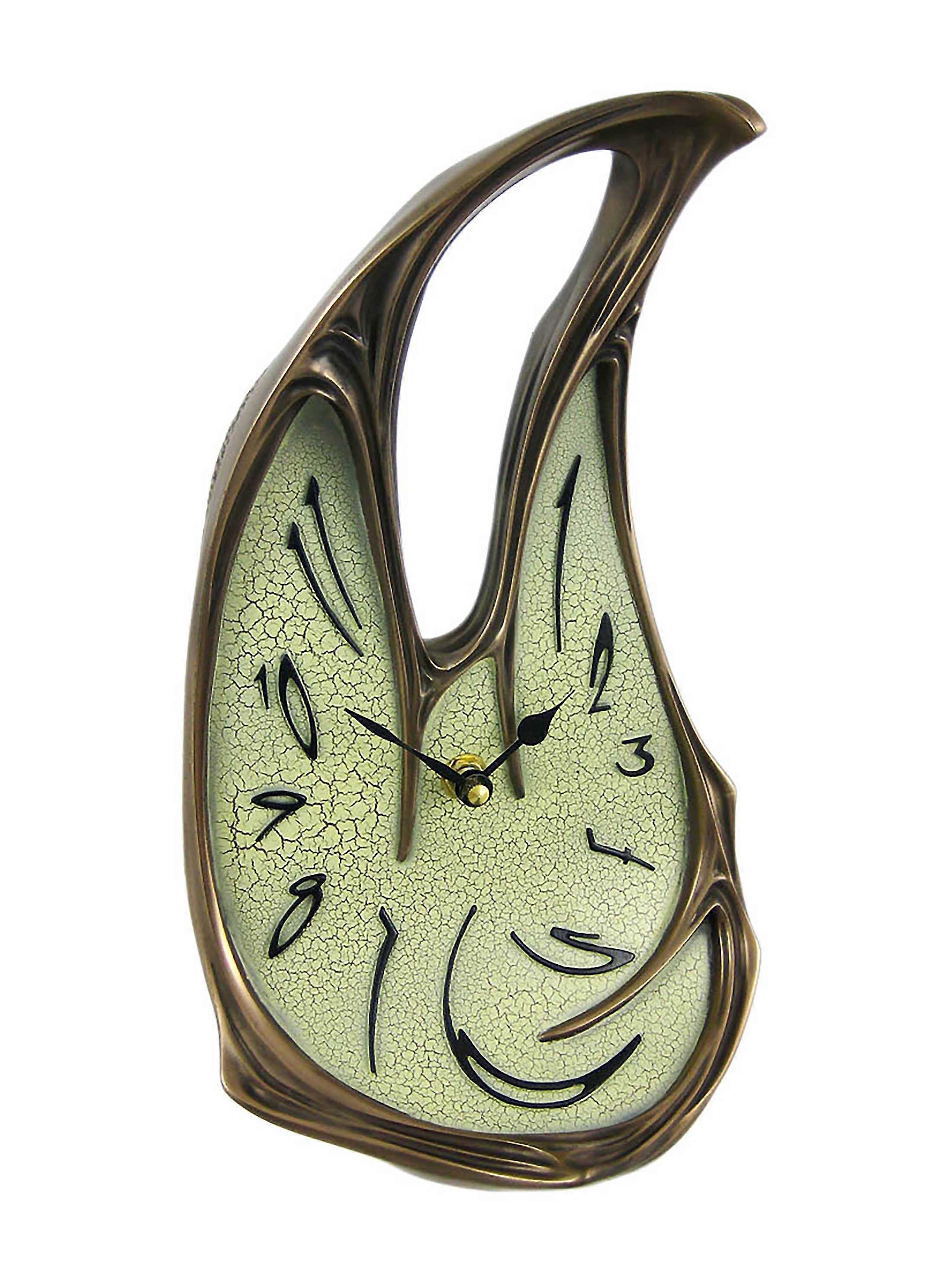 Surrealistic Charm - Unique Melting Clock with Cool Bronze Finish for Desk, Table, or Mantel - Off-White Crackle Face and Black Hands - 11 Inches Tall