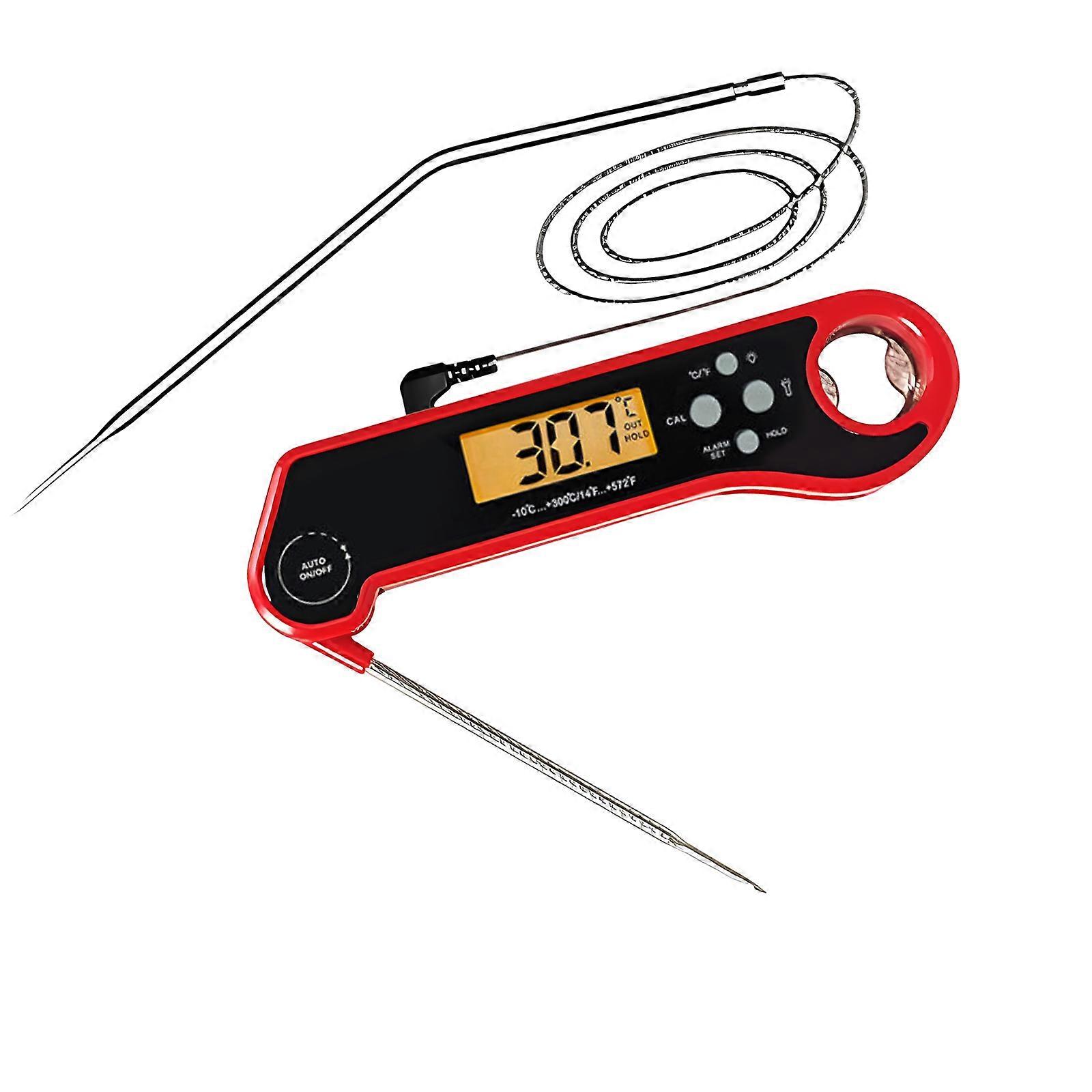 Instantaneous Read Twin Probe Folding Thermograph Waterproof LCD Screen and Individualized Temperature Alerts for Meat Grilling  Red