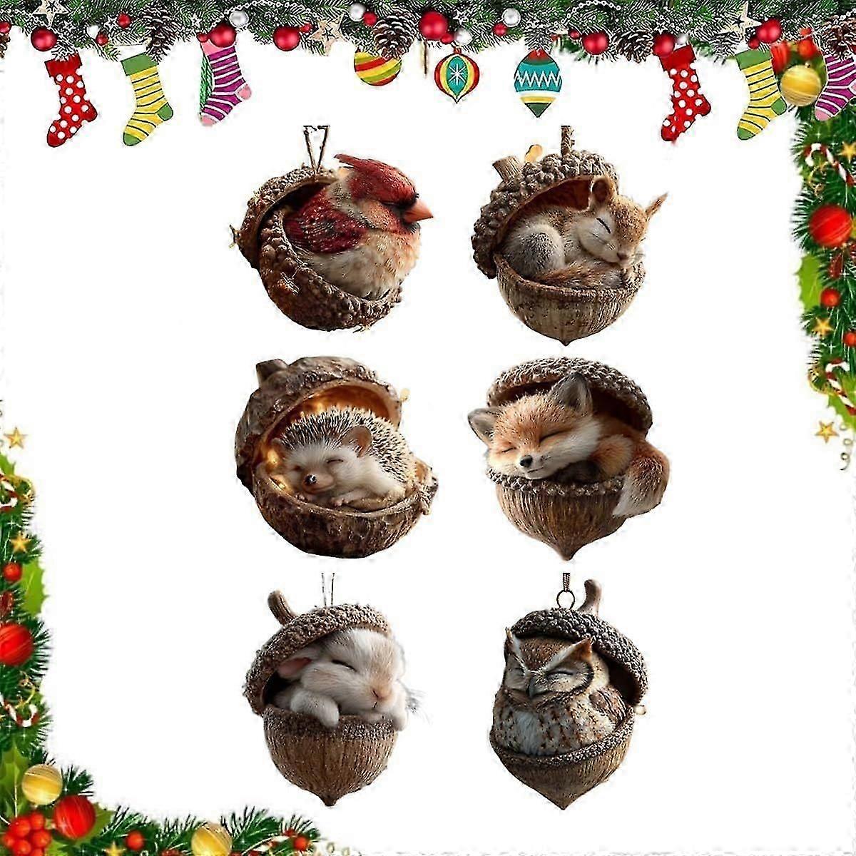 6 skogsdjur ekollonprydnader set mysiga skogsdjur julgransprydnader, kottedjurdekoration, härligt sovande djur akryl julgranshatt