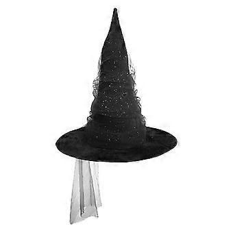 Heksehat i ruchet mesh til kvinder og piger, åndbar og behagelig til halloweenfester og sceneoptrædener, hvid