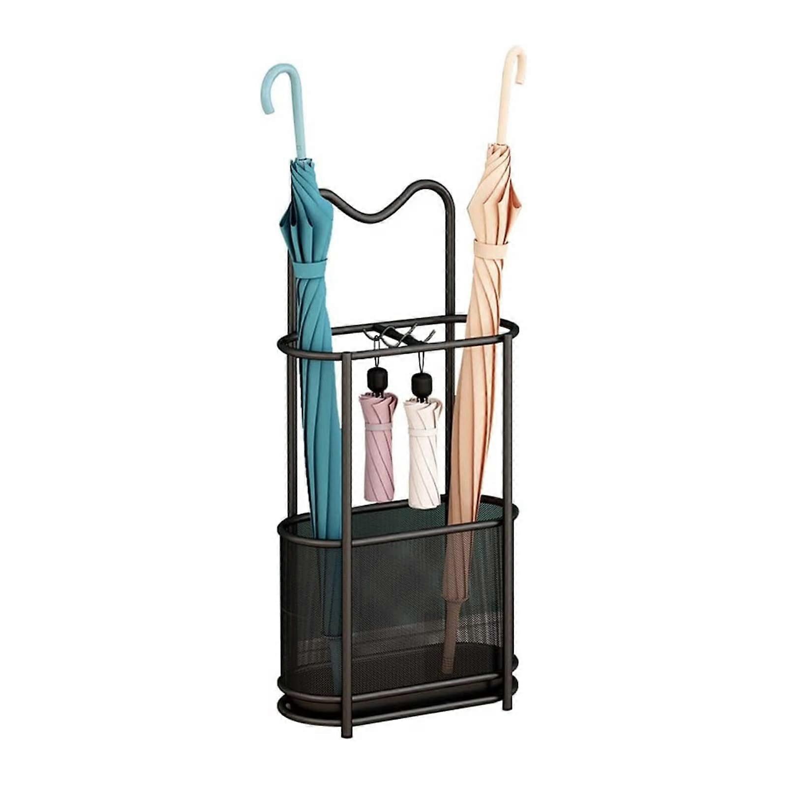 Metal Umbrella Stand with Drip Tray and Hooks for Hallway Entryway Black Organizer
