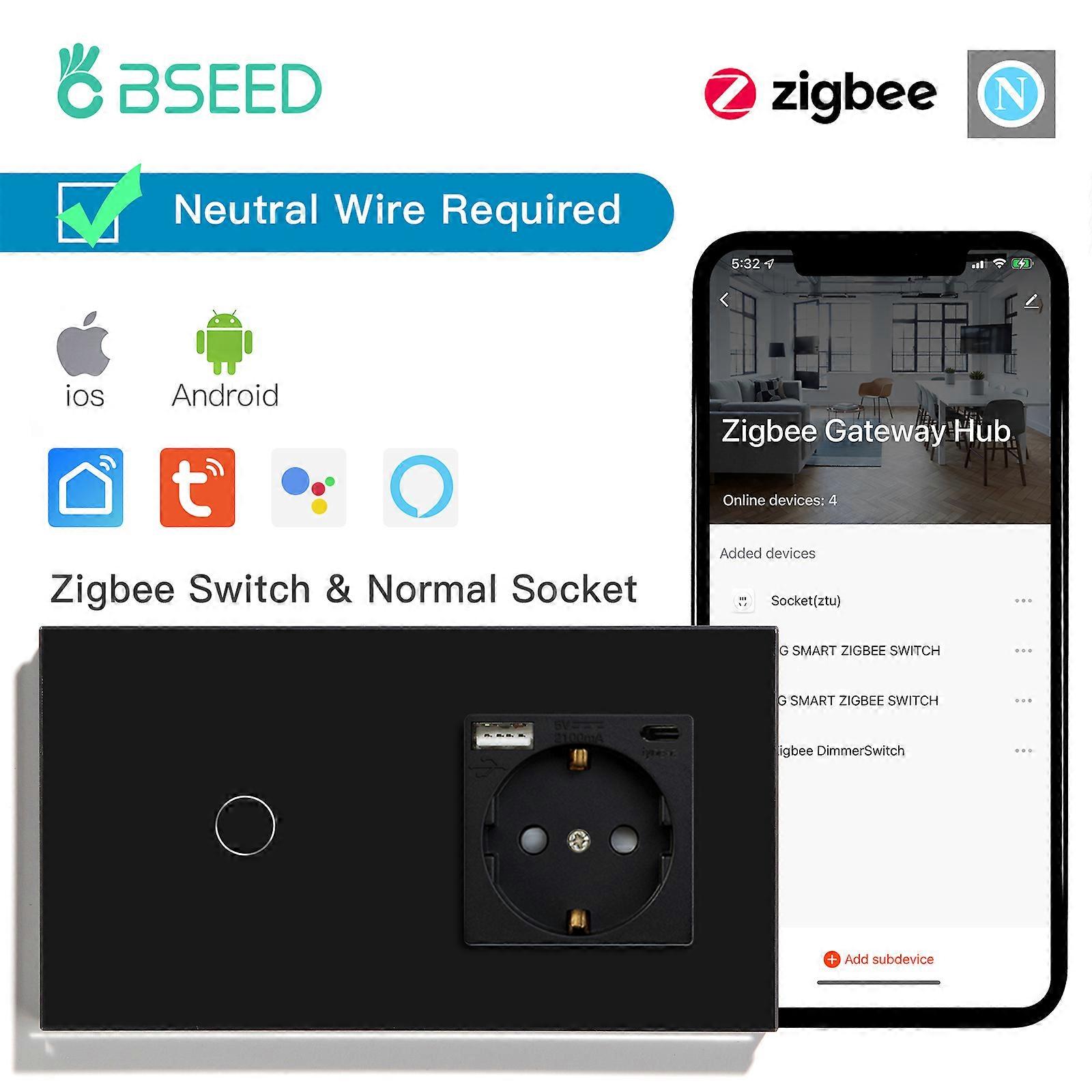 BSEED Zigbee 1/2/3Gang Smart Touch Switches Tuya Smart Life Alexa App Plus Wall Power Sockets USB Type-c Ports EU Standard