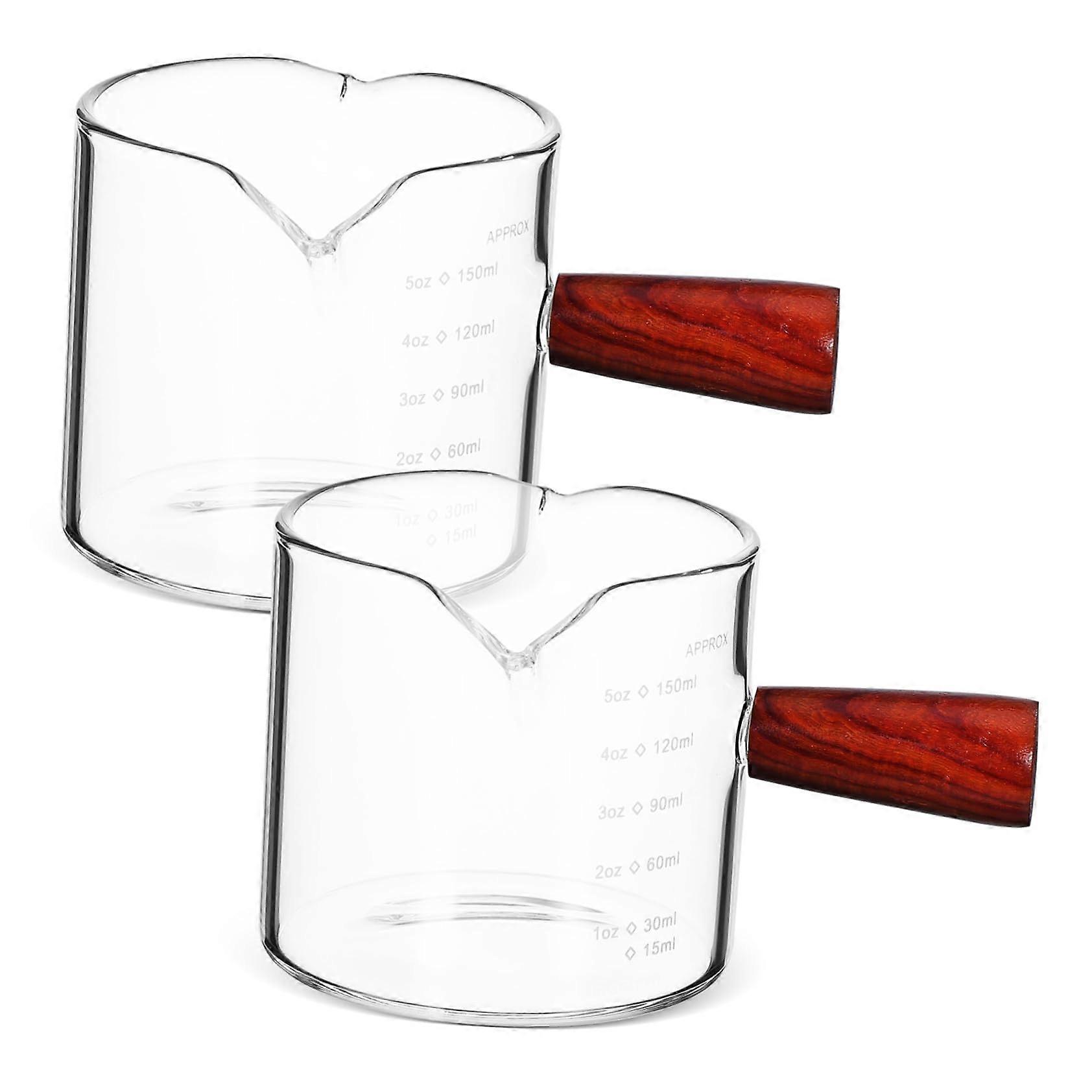 2 Pack Glass Pitchers with Wooden Handle Borosilicate Espresso Measuring Cups Heat Resistant for Coffee, Milk, Creamer