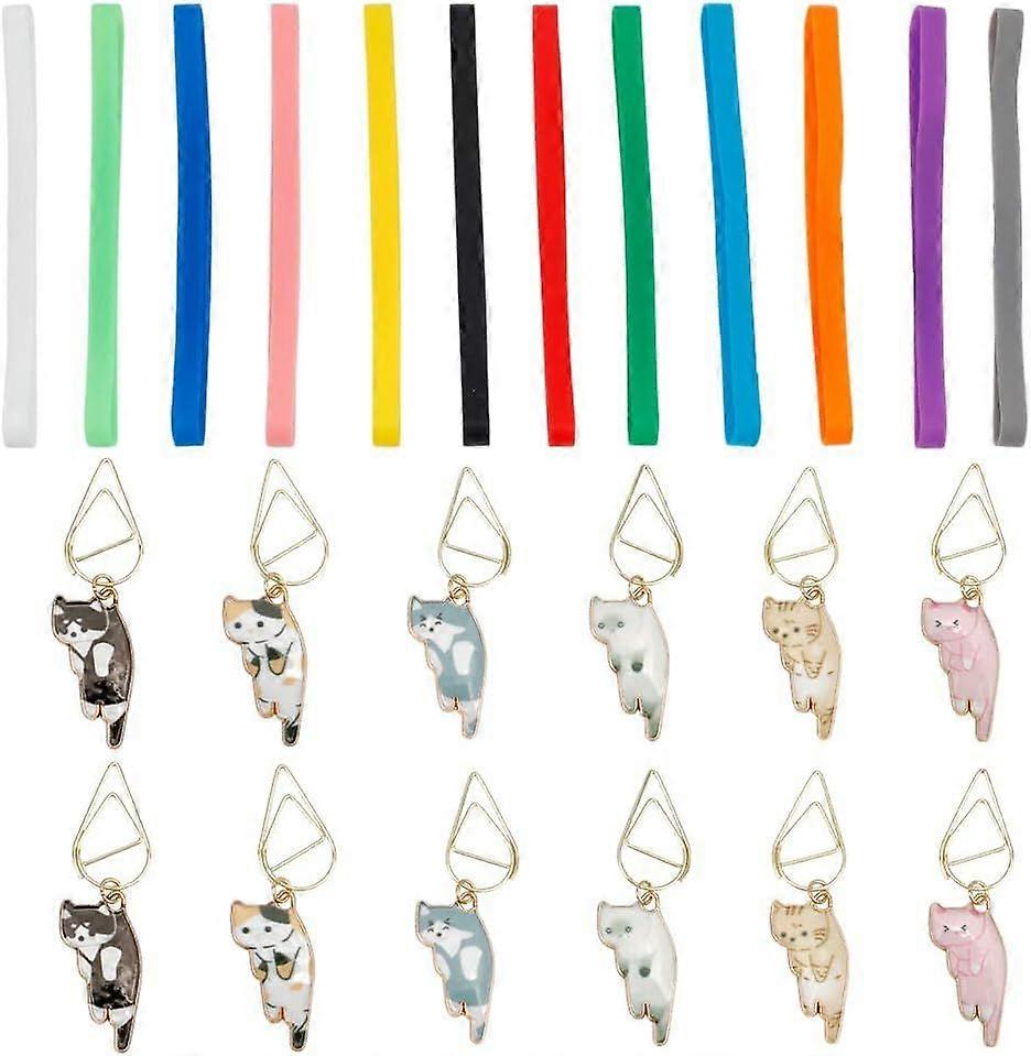 12 Sets Elastic Bookmarks Adjustable Planner Elastic Bands Silicone Bands Bookmark with Cat Pendant Multicolor Book Strap with Paper Clips for Office 
