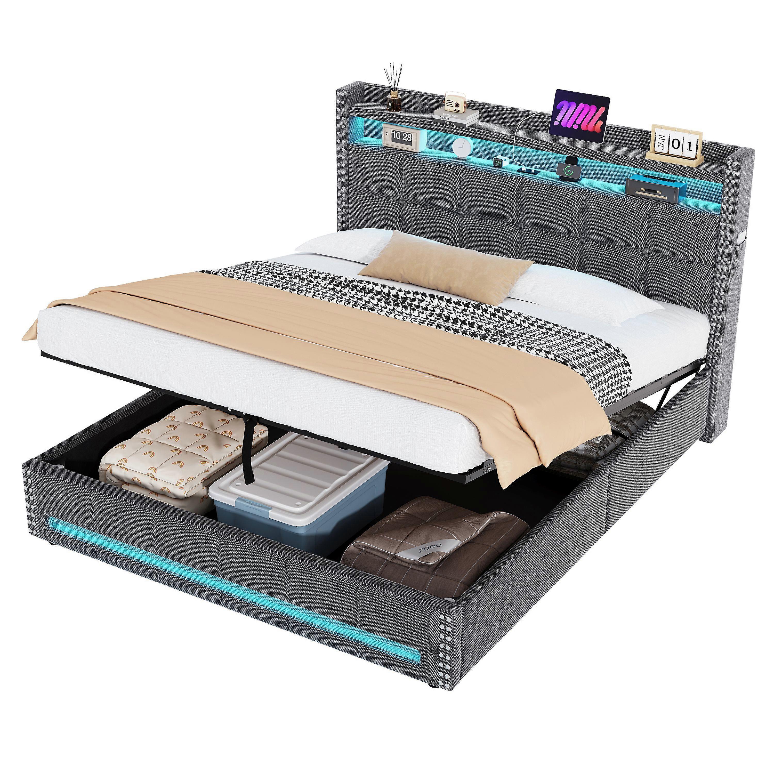 5ft King Upholstered Bed with Hydraulic Storage and LED