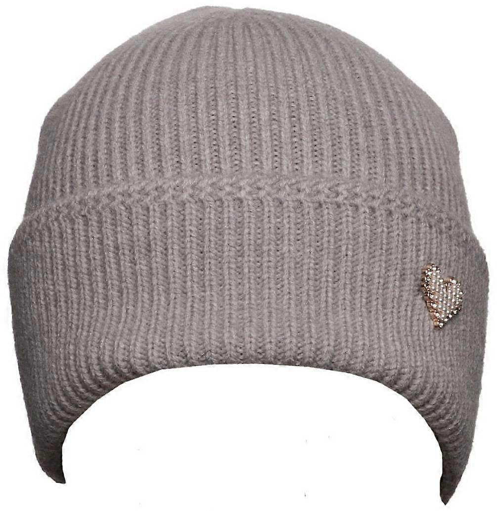 Zelly Heart Brooch Beanie Hat - Grey