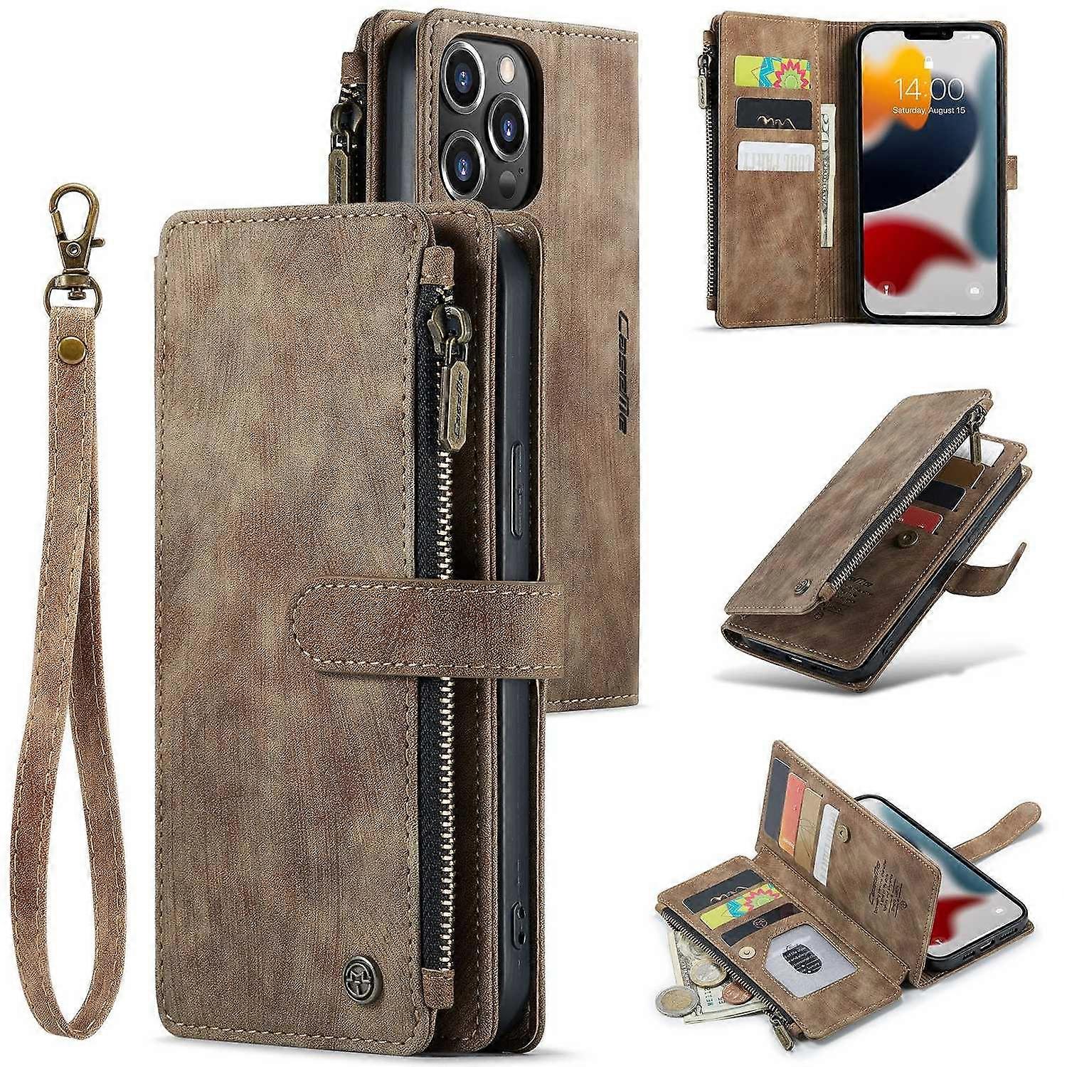 Case For Iphone 13 Pro Max Brown Multi-carat Zipper Leather Retro Multi-function Card Wallet No14496