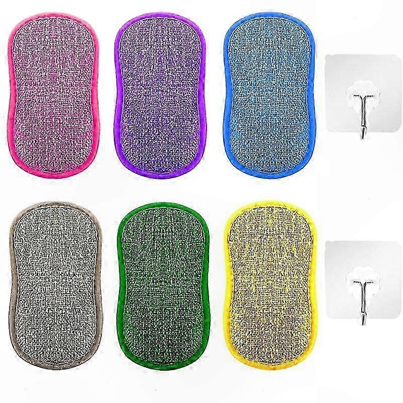 Double-Sided Microfiber Sponges, 6-Pack with Hooks, Reusable Scouring Pads for Kitchen Cleaning