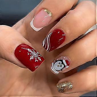Christmas Press On Nails Short with Penguin Snowflake Red and Gold Glitter Fake Acrylic Nails 30Pcs