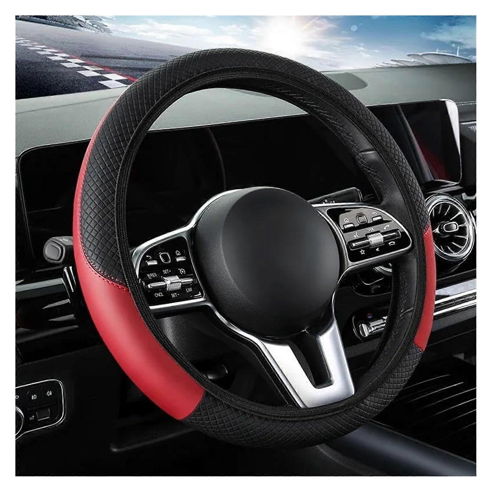 Leather Steering Wheel Cover 3638cm Black and Red AntiSlip Grip Scratch Protection
