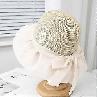 Damen-Strohhut aus Organza mit Schleife, faltbar, Sonnenschutz, elegant, mit großem Rand, ideal für Outdoor-Aktivitäten wie Urlaub und Reisen.