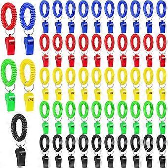 50 colorful plastic whistles with wristbands, 120-decibel loud sports whistles, and retractable coil wristband keychains, suitable for coaches, teache