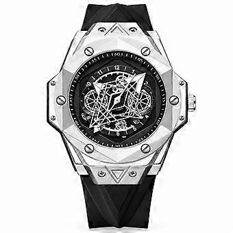 Binbang Men's Quartz Watch Black Silicone Strap Silver Steel Case Black Dial Waterproof Luminous Fashion JY