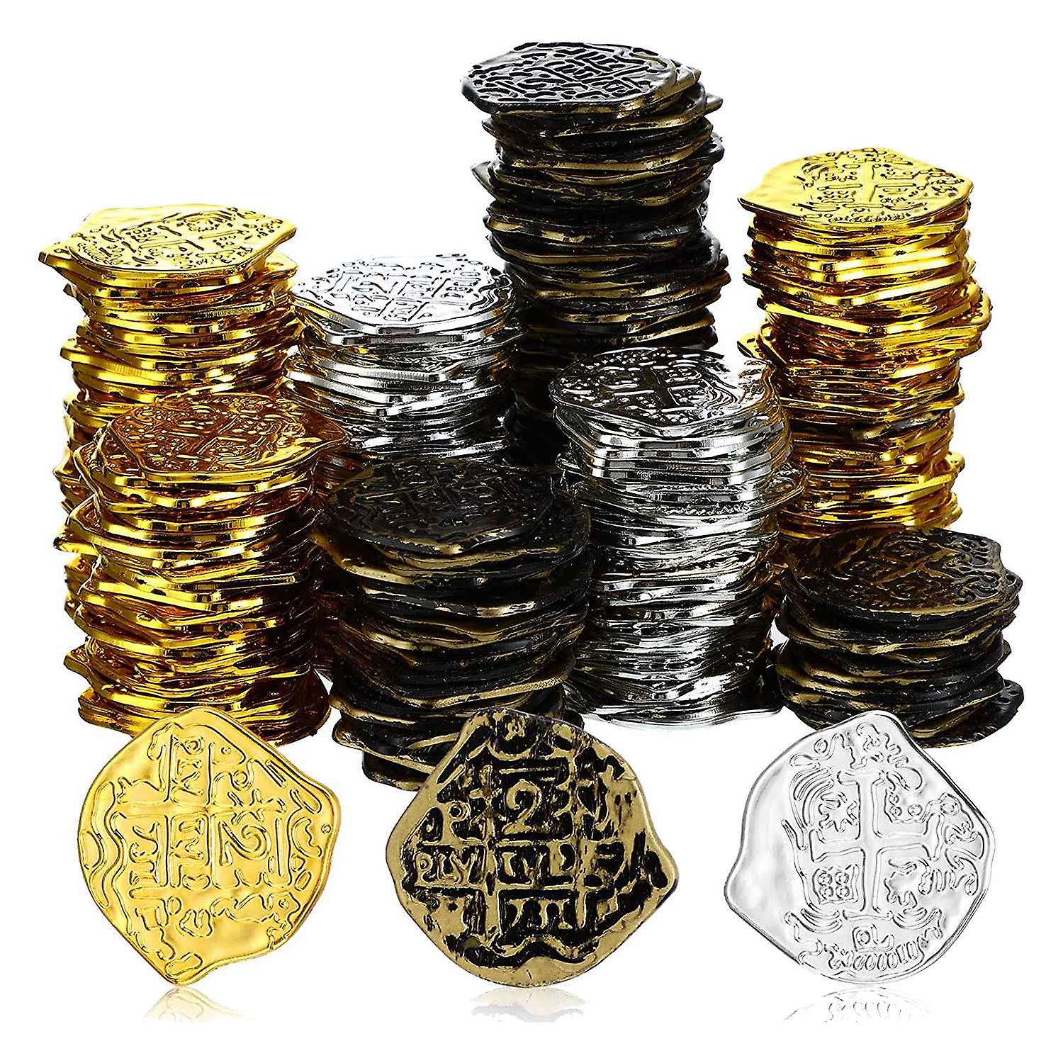 300 Pcs Plastic Gold Coins Pirate Coins Kids Play Coins for Pirate Party Treasure Chest Games Token