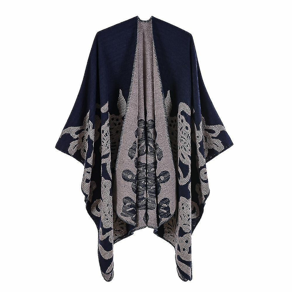(blue)women's Color Block Shawl Wrap Open Front Poncho Cape