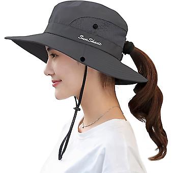 Sombreros de sol de cola de caballo para mujerSombrero de playa de safari de verano de ala anchaSombrero de pesca de cubo de protección UV al aire libre-Gris puro