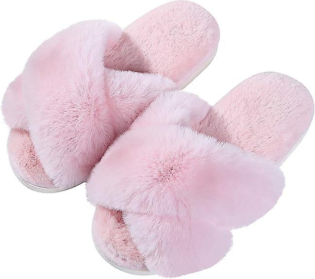 Women's Fuzzy Slippers Cross Band Memory Foam House Slippers Open Toe