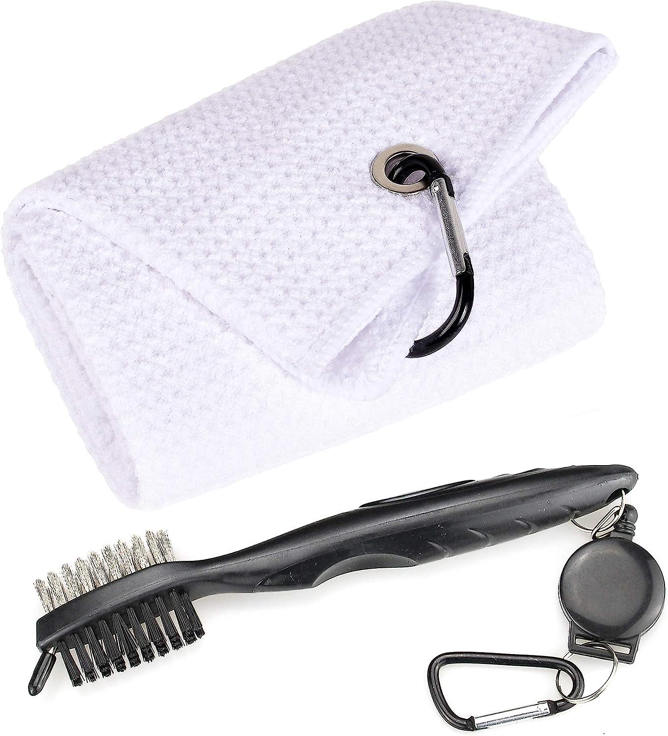 Toalha de Golfe Tri fold com Padrão Waffle de Microfibra AURA | Kit de Ferramentas de Escova com Limpador de Ranhuras de Clube, Cabo de Extensão Retrátil e Clipe, Branco