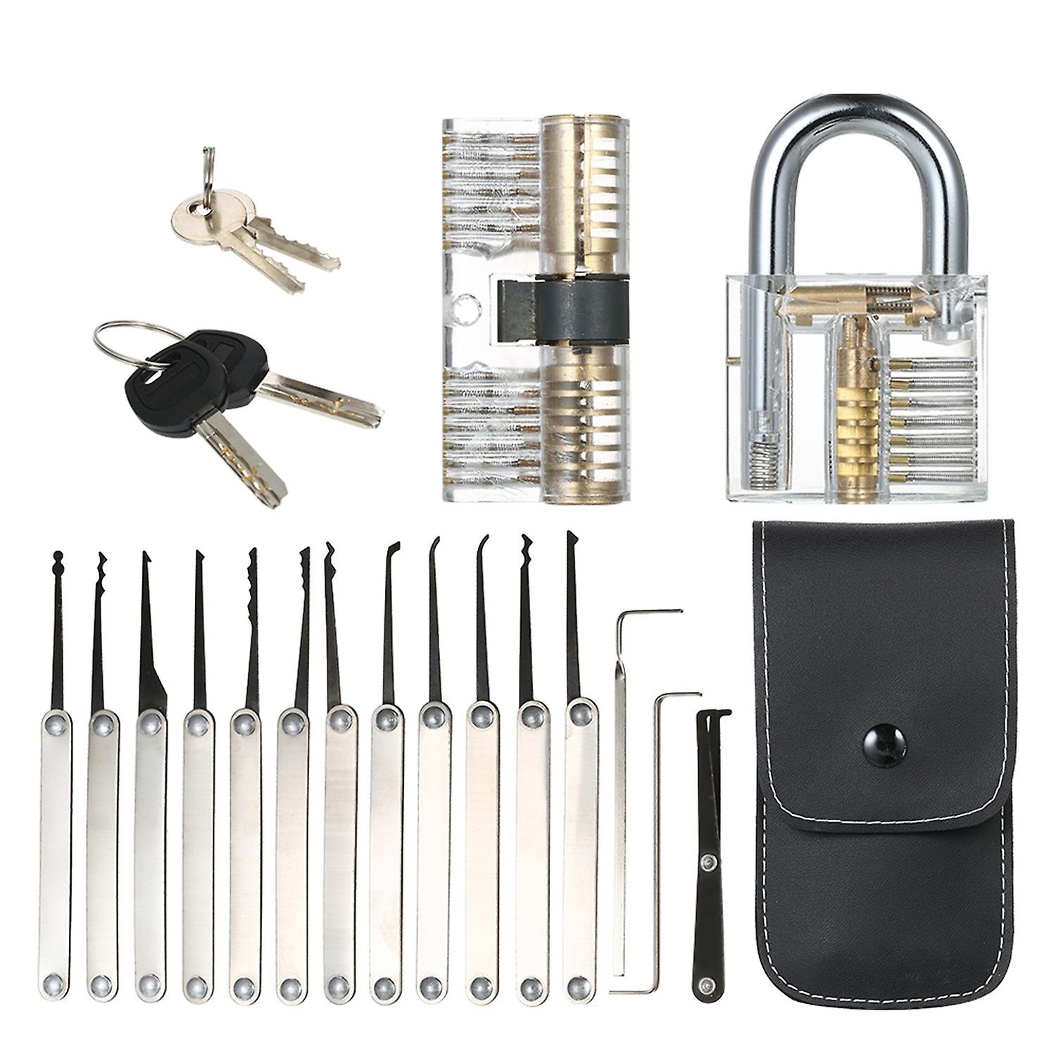 15-teiliges Lockpicking-Set-Kit-Werkzeug mit zwei transparenten Übungs-Trainings-Vorhängeschloss-Schlössern für Schlüsseldienst