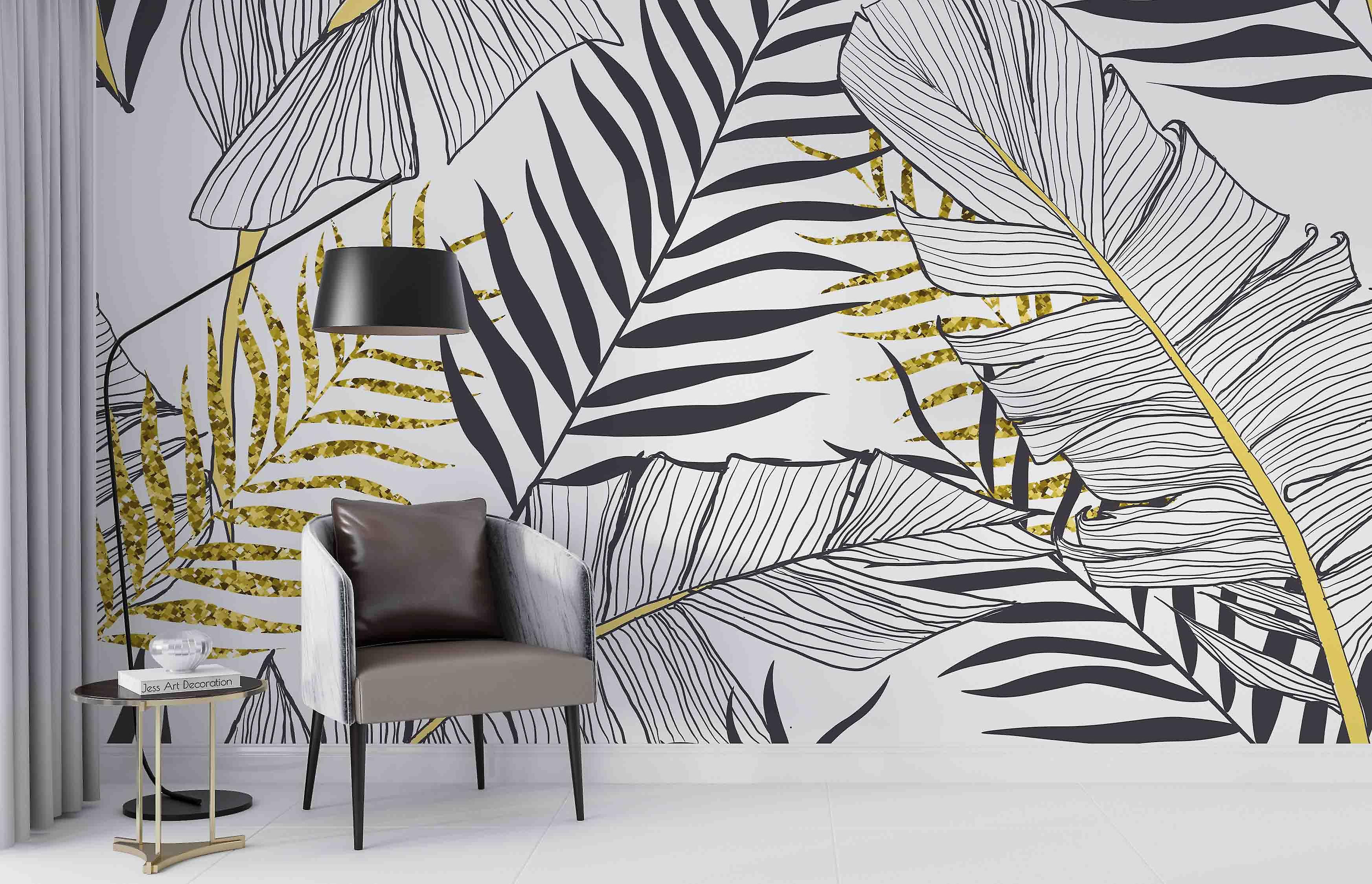 3D Abstract Tropical Leaves Black Gold Wall Mural Wallpaper Gd 2511