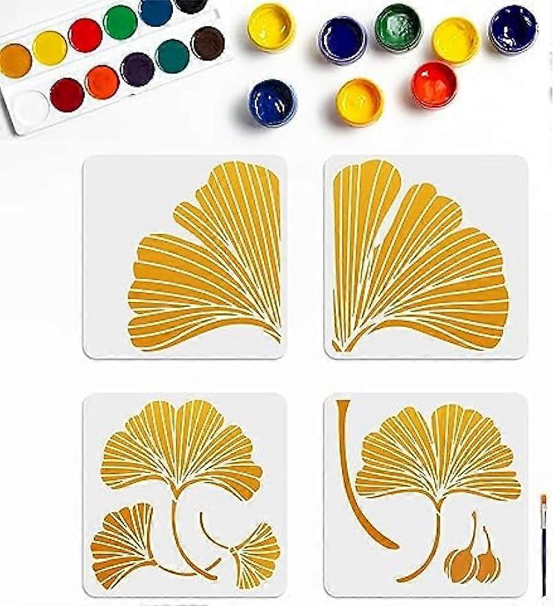 4pcs Ginkgo Leaf Stencils Autumn Leaf Painting Templates Splicing Style Botanical Leaves Reusable Stencils 11.811.8inch with Paint Brush Wall Art Home