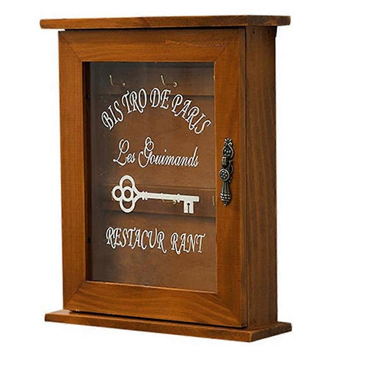Wooden Key Box, Retro, Wall, Key Cabinet with Magnetic Door, Solid Wood Storage with 6 Hooks-B Dark Brown