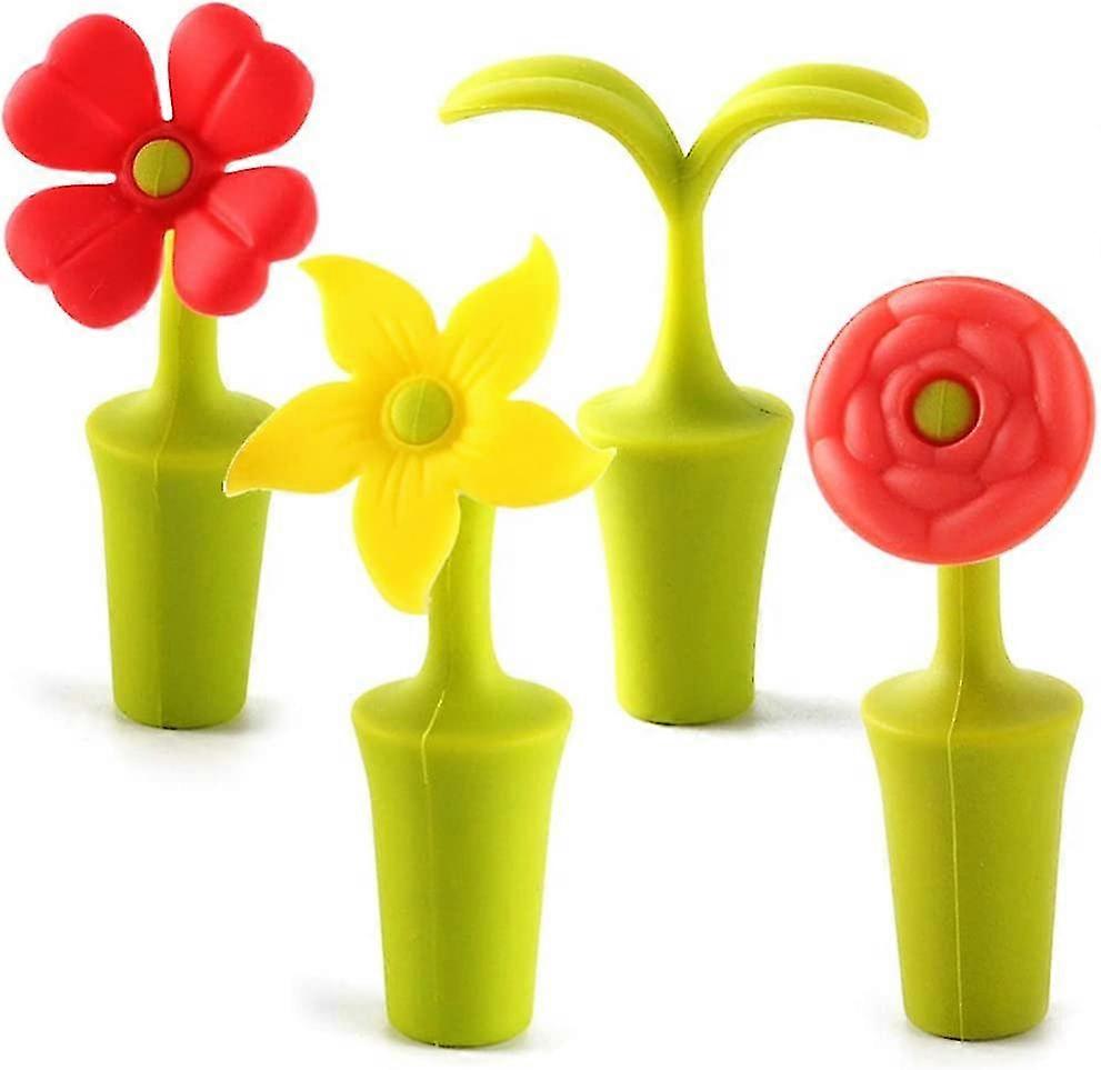 4 Pack Silicone Sealing Wine Corks, Reusable Wine Flower Corks, Beer Flavoring Bottle Corkscrew Tools, Multicolor
