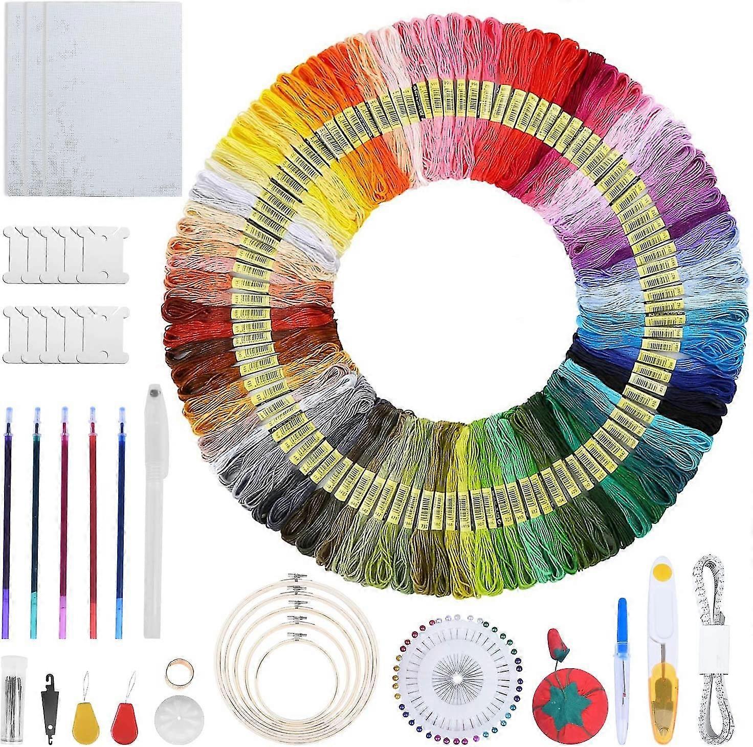 215 Pieces Embroidery Starter Kit 100 Different Colors Embroidery Thread Cross Stitch Tip Kit Beginners