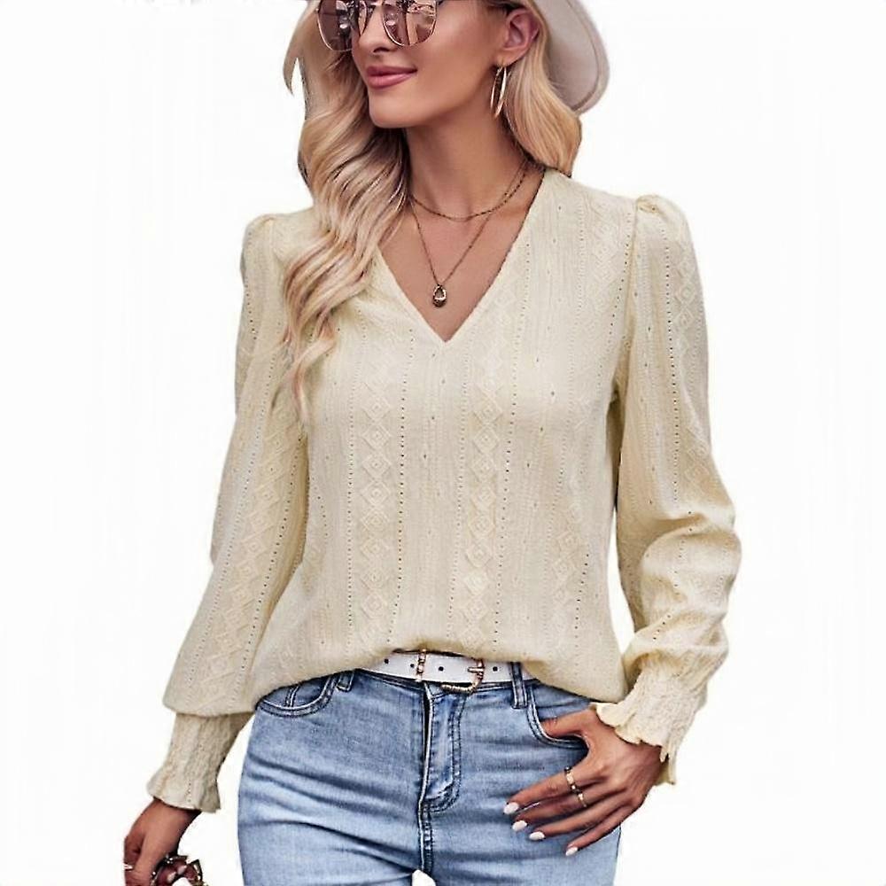 1 stuks slim fit V-hals effen kleur lange mouwen-abrikoos-M