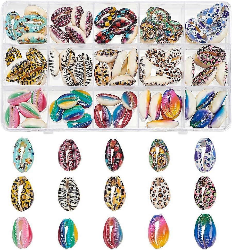 75pcs Colorful Printed Natural Cowrie Shell Beads 15 Styles Seashell Spacer Beads No Hole Seashell Beads Summer Beach Shell Loose Charm Beads for DIY 