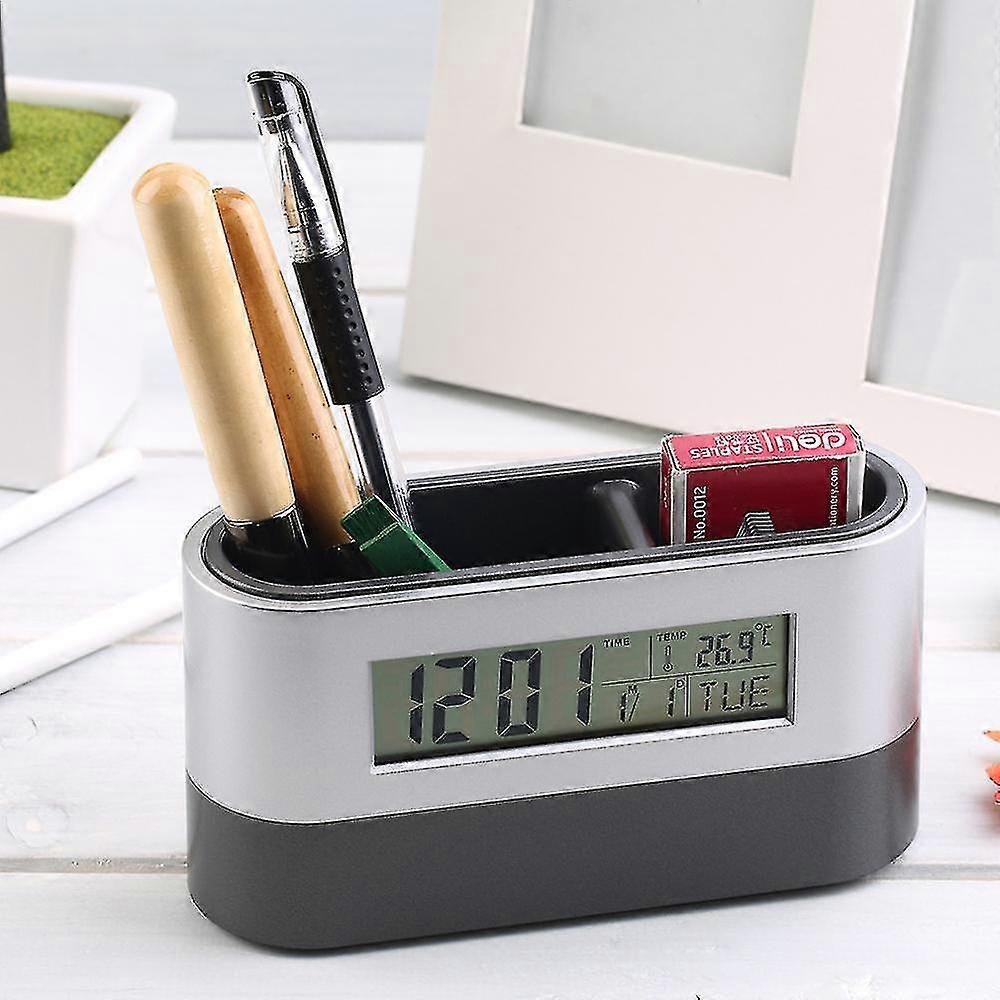 多機能ホームオフィスデジタルスヌーズ目覚まし時計ペンホルダーカレンダー温度表示ブラックブルー高品質