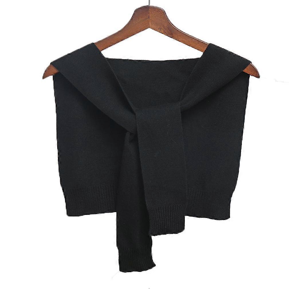 Short Poncho Solid Black Knitting Shawl Wrap for Women