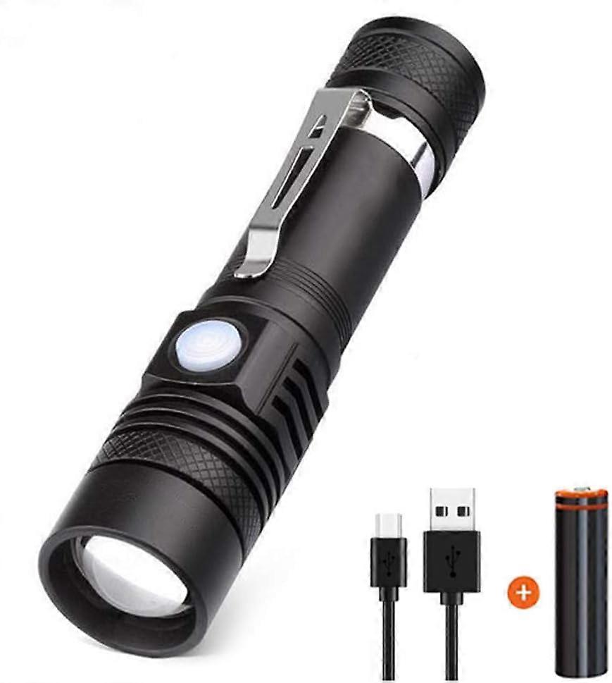 USB Rechargeable Flashlight, Pocket-Sized Small Led Flashlight (Battery Included), Super Bright Flashlight with Clip, Waterproof, Zoomable, 4 Modes Hi