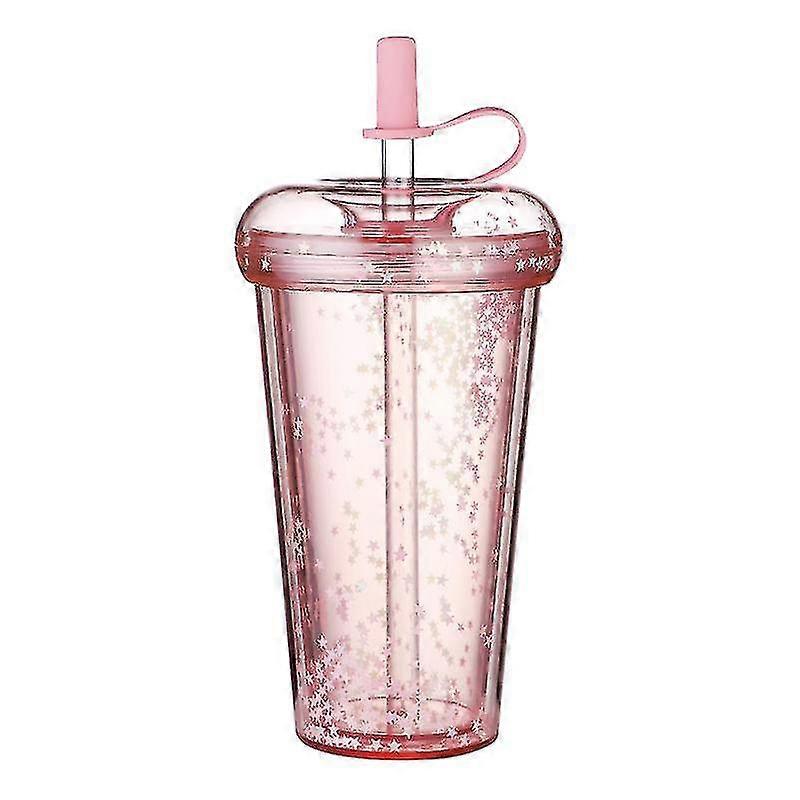 420ml Reusable Sparkling Glitter Cup With Lid Straw Transparent Sequins Water Bottle Cute Plastic Double Layer Drink Mug