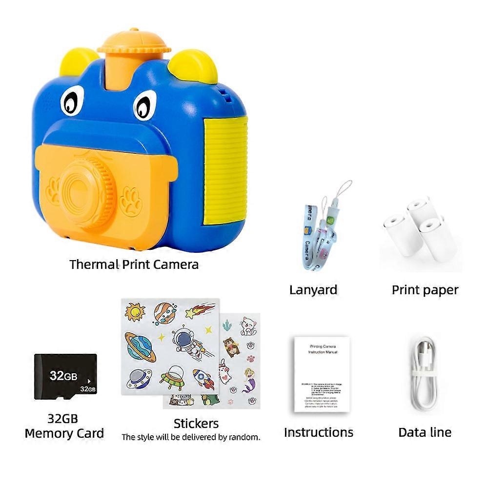 1080P Kids Digital Camera Cute Kids Instant Print Camera 12MP 180 Rotatable 2.4in IPS Screen with Paper Rolls 32GB Memory Card