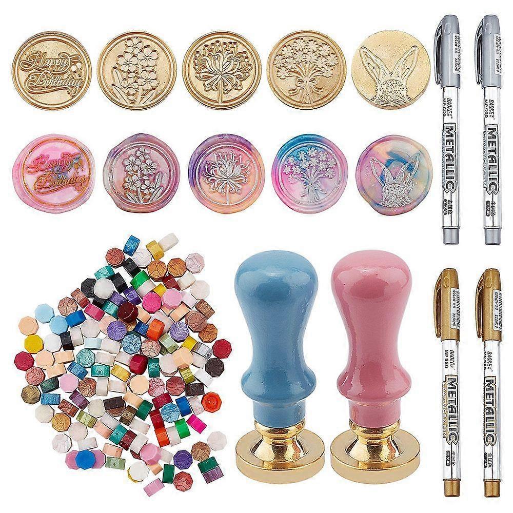 DIY Wax Seal Stamp Kits Including Wooden Handle Brass Wax Seal Stamp Sealing Wax Particles Marking Pen Mixed Patterns 2.5x1.4cm